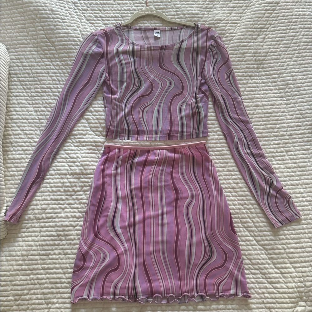 Pink and Purple Patterned Mesh Long Sleeve Top and Skirt Two Piece Set🩷💜